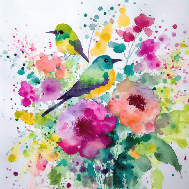 bouquet de fleurs multicolores avec trois oiseaux