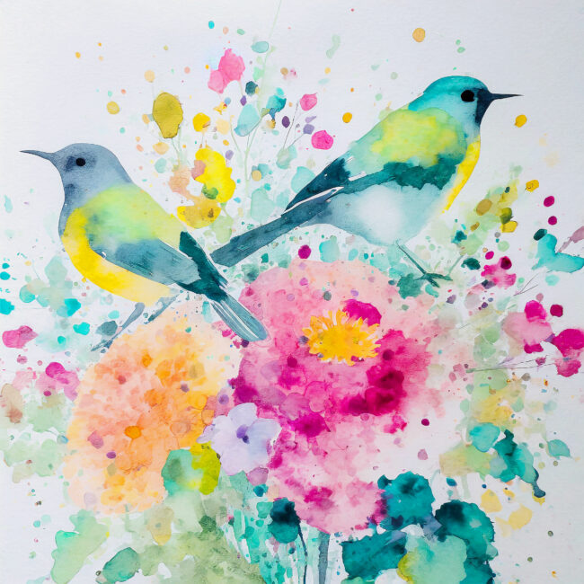 bouquet de fleurs multicolores avec trois oiseaux2