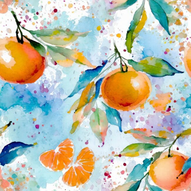 motifs répétés de mandarine avec feuilles sur fond bleu effet aquarelle