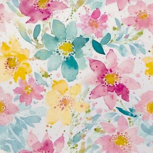 motifs répétés fleurs jaunes et roses sur fond bleu effet aquarelle4