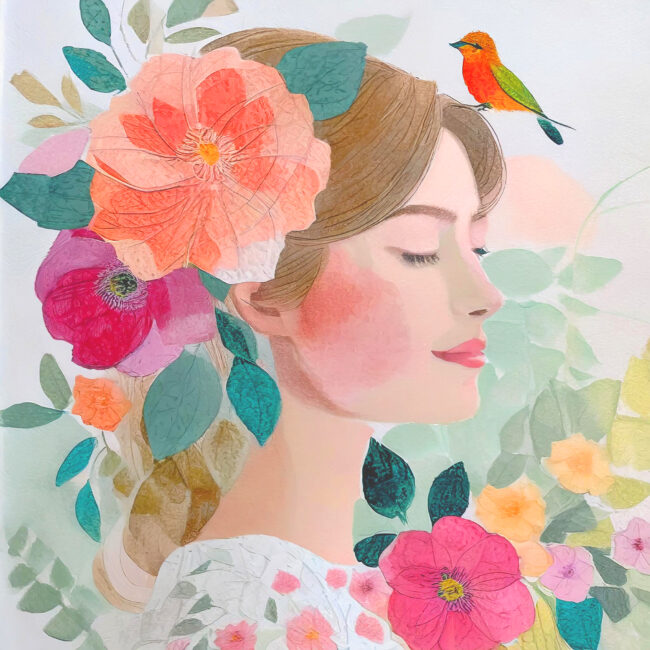 visage de femme avec des fleurs et des oiseaux dans les cheveux. couleurs vives yeux fermés